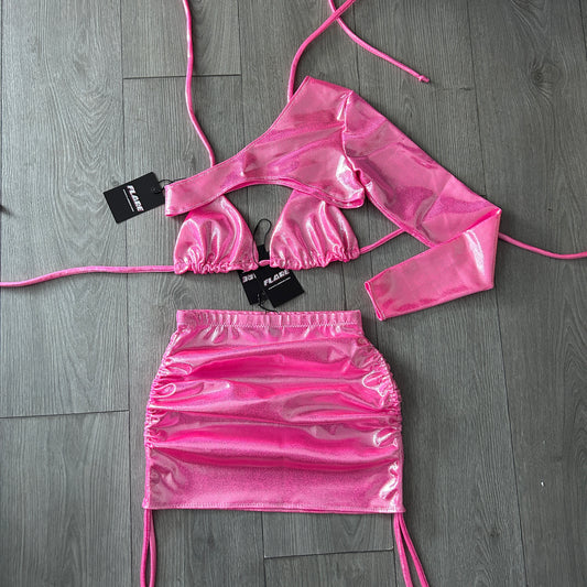 Pink Iridescent Double Ruched Skirt, Triangle Top and Extreme Crop Top 1 Sleeve Set - Size 6