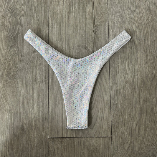 Silver Sparkle Dip Waist Bikini Bottoms Thong Coverage