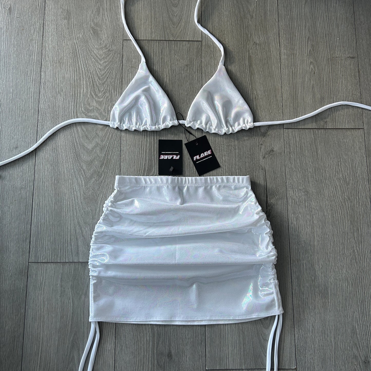 White Iridescent Double Ruched Skirt and Triangle Top Set - Size 12