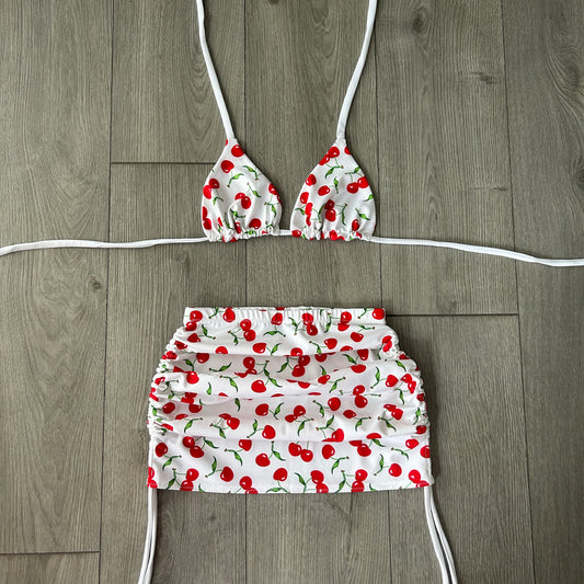 White Cherry Triangle Bikini Top and Double Ruched Skirt