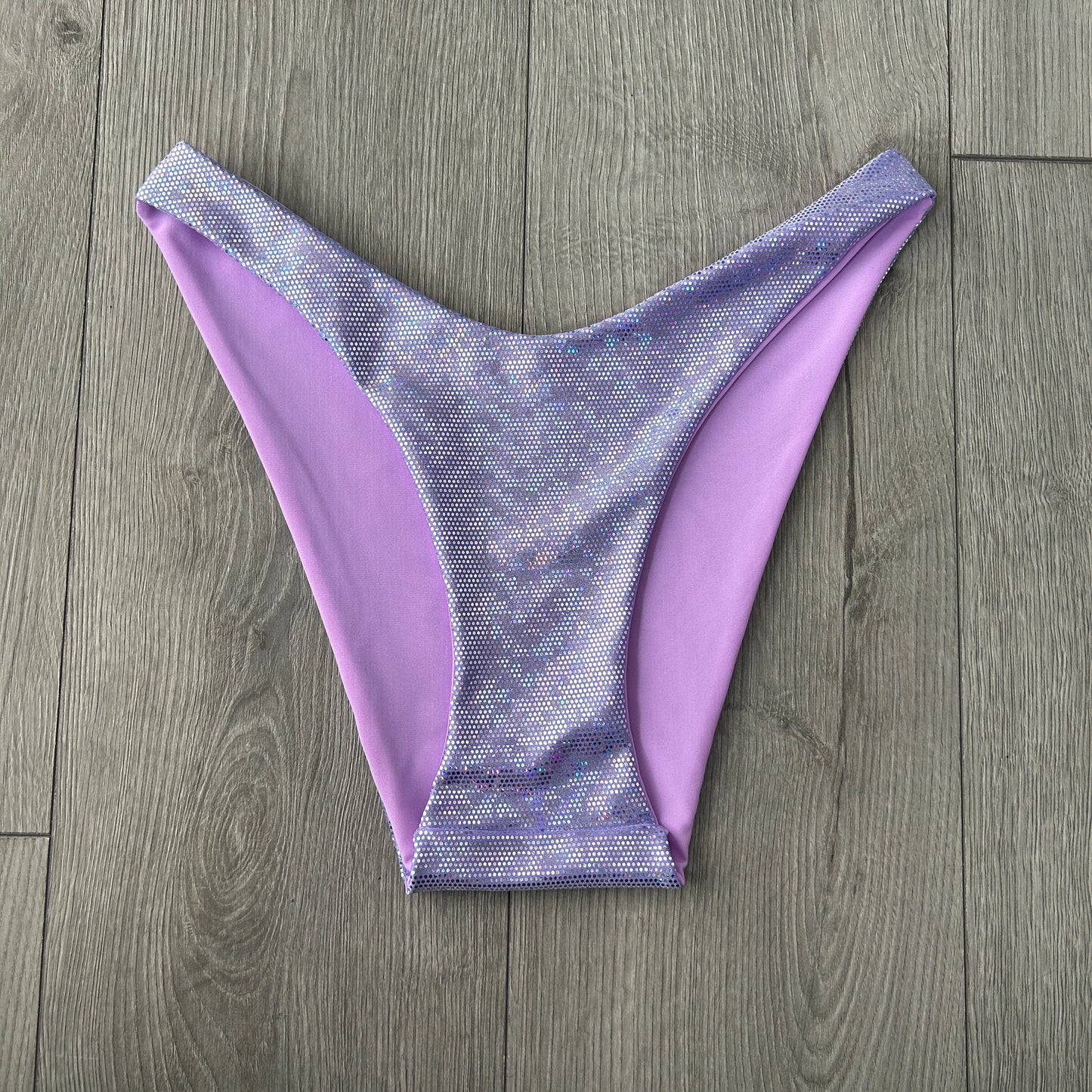 Purple Sparkle Dip Waist Bikini Bottoms Cheeky Coverage