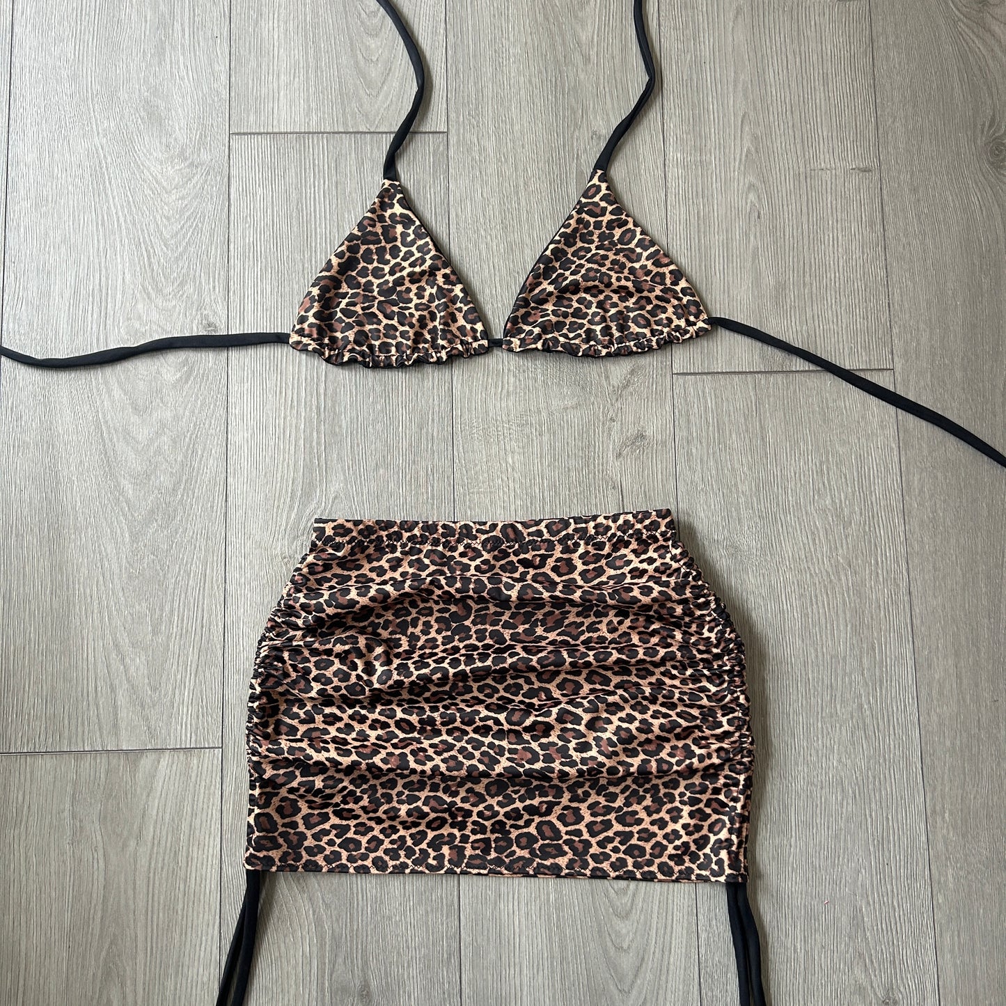 Leopard Triangle Bikini Top and Double Ruched Skirt