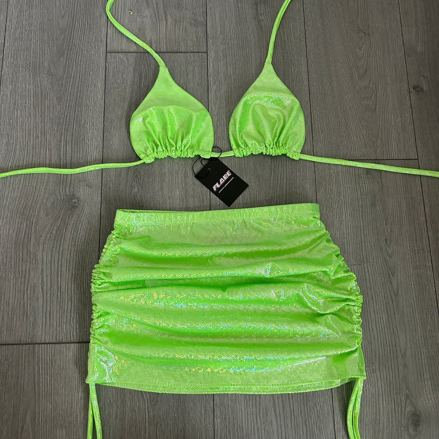 Green Sparkle Double Ruched Skirt and Triangle Top Set - Size 10