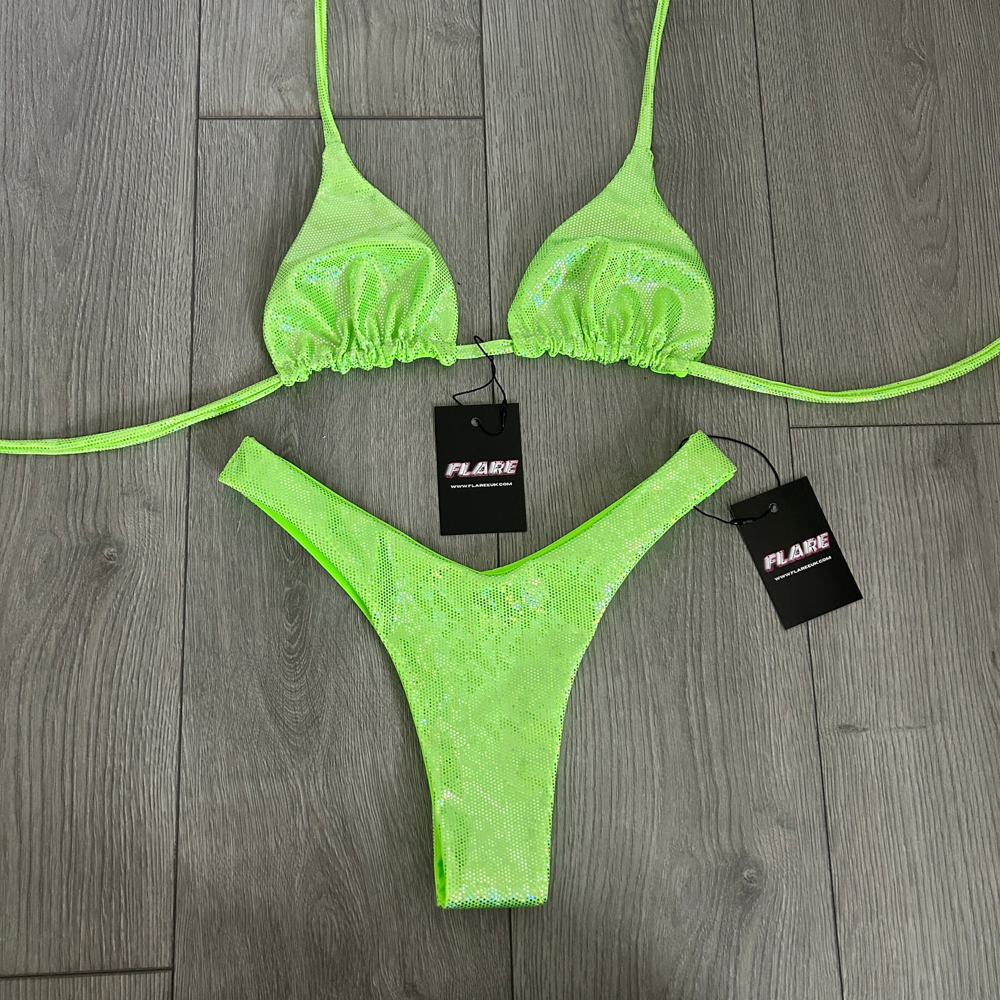 Green Sparkle Dip Waist Thong Bikini Bottoms and Triangle Top - Size 6