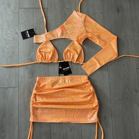 Orange Sparkle Double Ruched Skirt,Triangle Top and Extreme Crop Top 1 Sleeve Set - Size 10