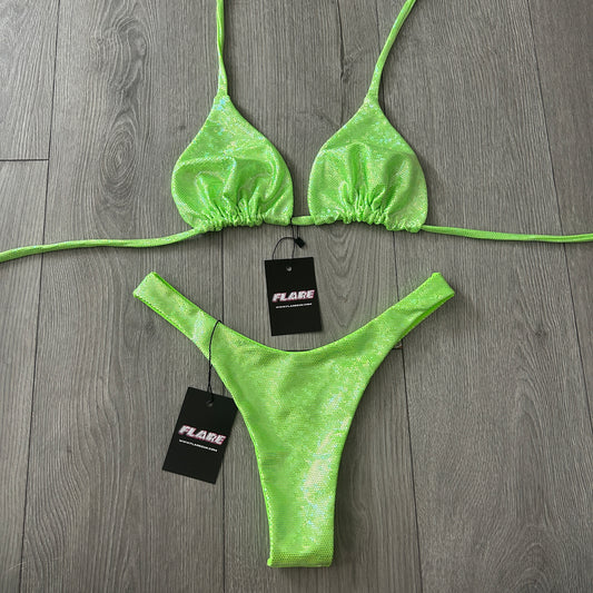 Green Sparkle Dip Waist Thong Bikini Bottoms and Triangle Top Set - Size 10