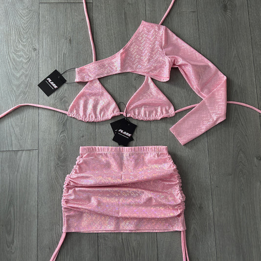 Pink Sparkle Double Ruched Skirt, Triangle Top and Extreme Crop Top 1 Sleeve Set - Size 8