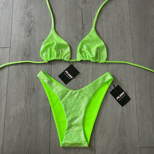 Green Sparkle Dip Waist Cheeky Bikini Bottoms and Triangle Top Set - Size 10