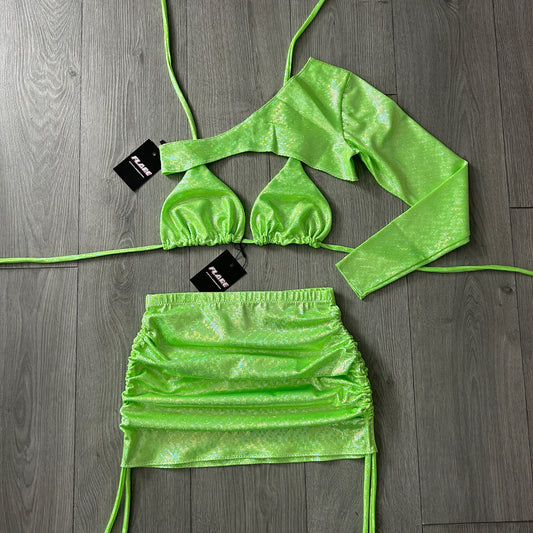 Green Sparkle Double Ruched Skirt, Triangle Top and Extreme Crop Top 1 Sleeve Set - Size 10