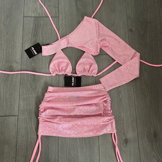 Pink Sparkle Double Ruched Skirt, Triangle Top and Extreme Crop Top 1 Sleeve Set - Size 6