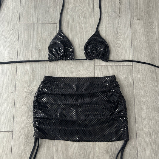 Black Crystal Triangle Bikini Top and Double Ruched Skirt