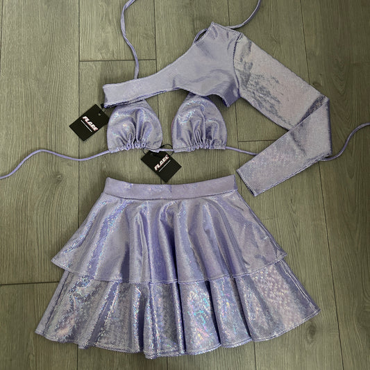 Purple Sparkle Double Tiered Skirt, Triangle Top and Extreme Crop Top 1 Sleeve Set - Size 10