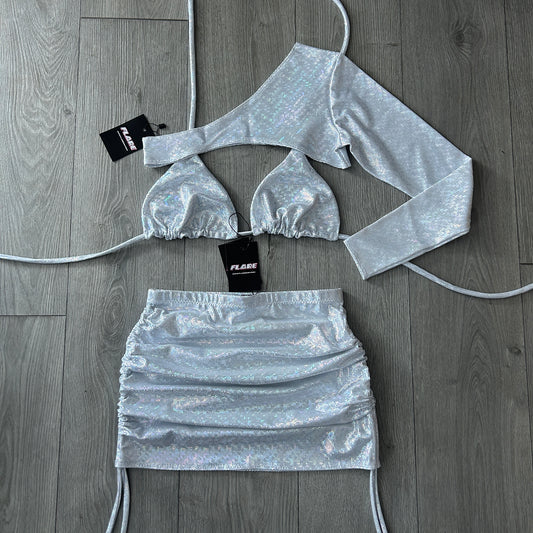 Silver Sparkle Double Ruched Skirt, Triangle Top and Extreme Crop Top 1 Sleeve Set - Size 10