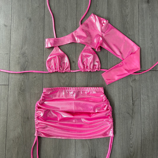 Pink Iridescent Triangle Bikini Top, Double Ruched Skirt and Extreme Crop Top One Sleeve