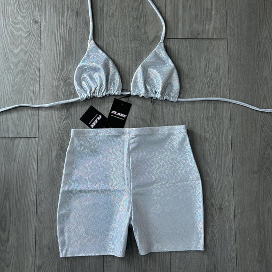 Silver Sparkle Hot Pant Shorts and Triangle Top Set - Size 12