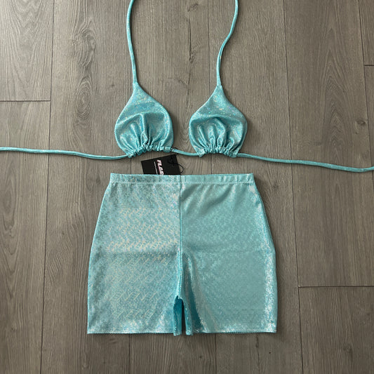 Blue Sparkle Hot Pant Shorts and Triangle Top Set - Size 12