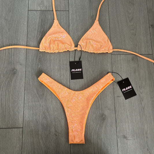 Orange Sparkle Dip Waist Thong Bikini Bottoms and Triangle Top - Size 8