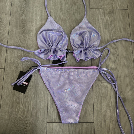 Purple Sparkle String Bikini Bottoms and Frilly Triangle Top Set - Size 10