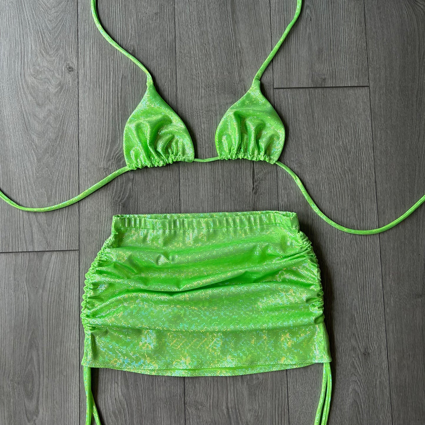 Green Sparkle Triangle Bikini Top and Double Ruched Skirt