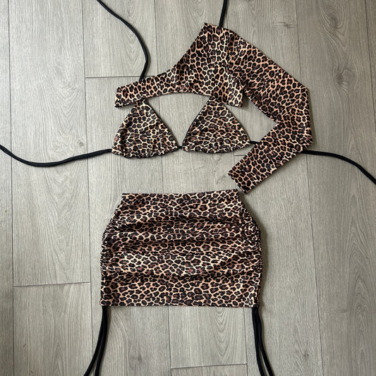 Leopard Triangle Bikini Top, Double Ruched Skirt and Extreme Crop Top 1 Sleeve