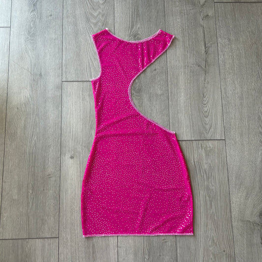 Cerise Pink Sparkly Mesh Cut Out Body Con Mini Dress Size 6