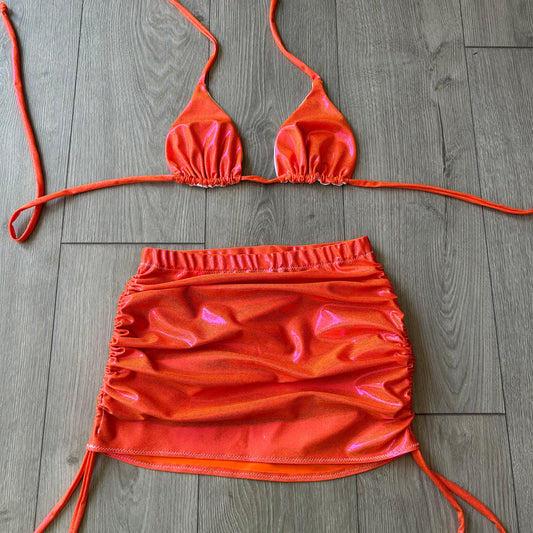 Orange Iridescent Triangle Bikini Top and Double Ruched Skirt - Custom