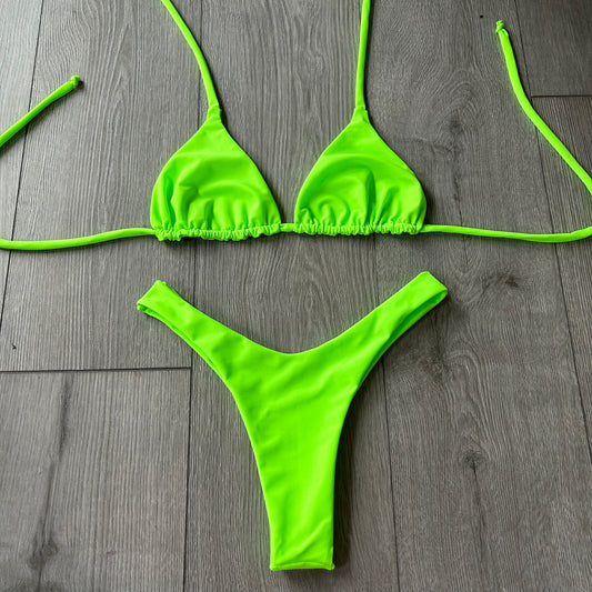 Apple Green Dip Waist Thong Bikini Bottoms and Triangle Bikini Top - Size 8