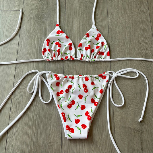 White Cherry String Bikini Bottoms and Triangle Bikini Top